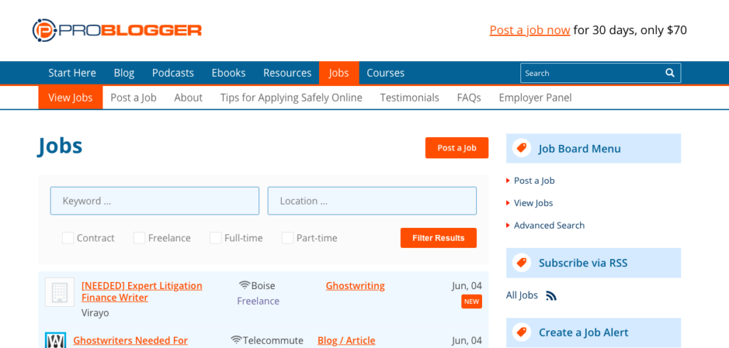Problogger job board of freelance writing jobs for beginners