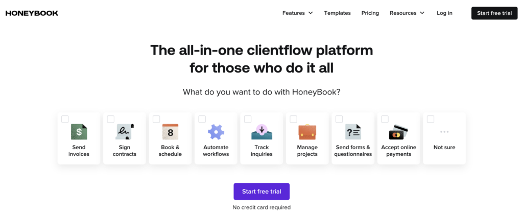 honeybook homepage functionality