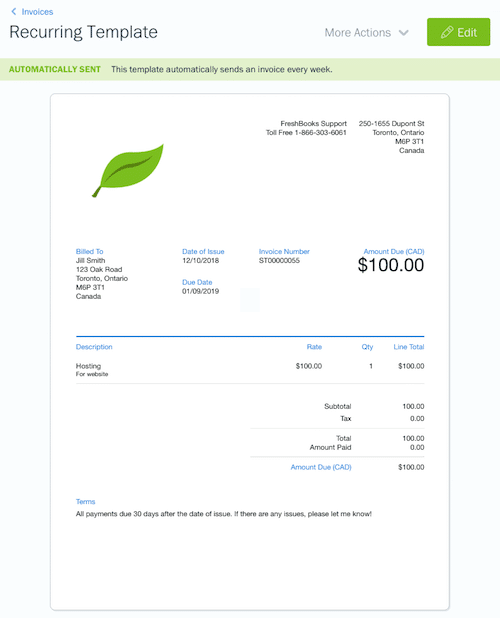 recurring invoice - freshbooks