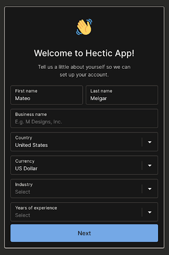 Hectic App Welcome Screen
