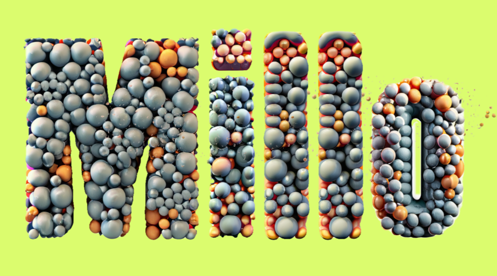 The word “Millo” is made from rubber balls on a lime green background using Adobe FIrefly’s AI text effect tool.
