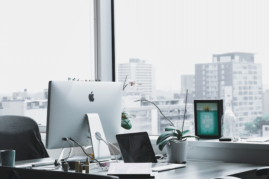 office space in a high rise surrounded by buildings