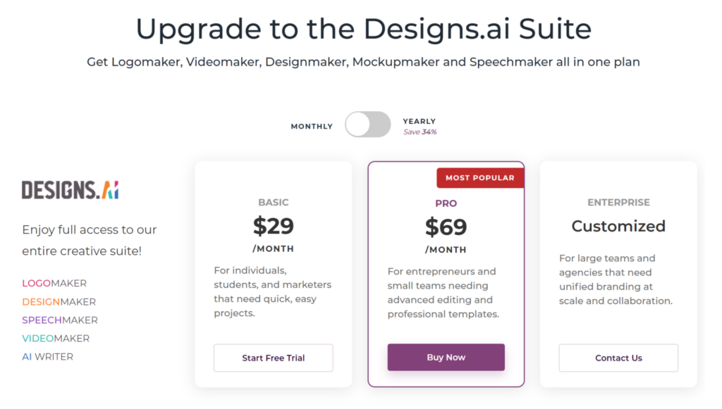 The Designs.ai pricing chart