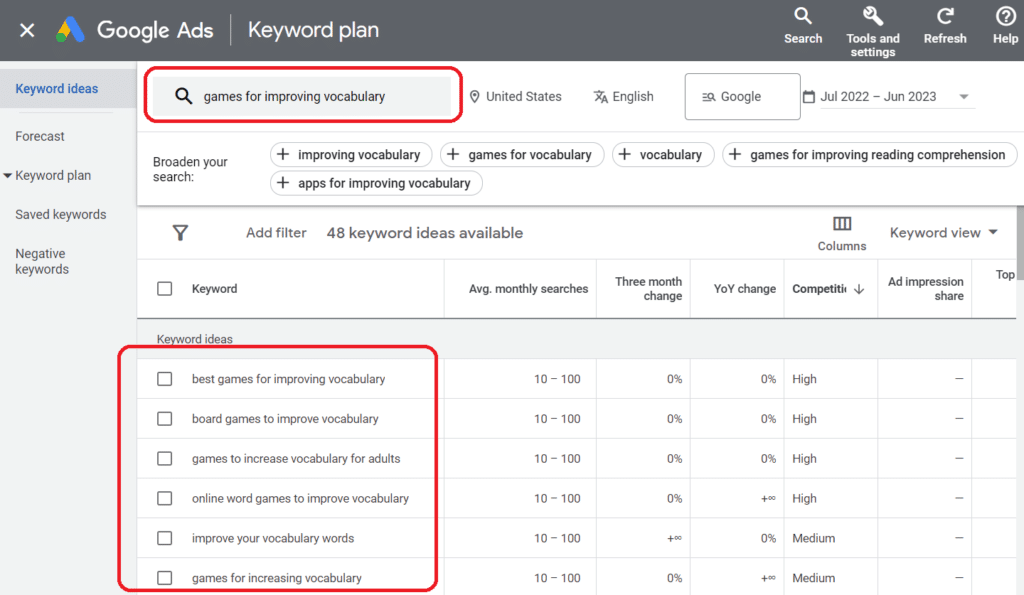 google keyword planner interface