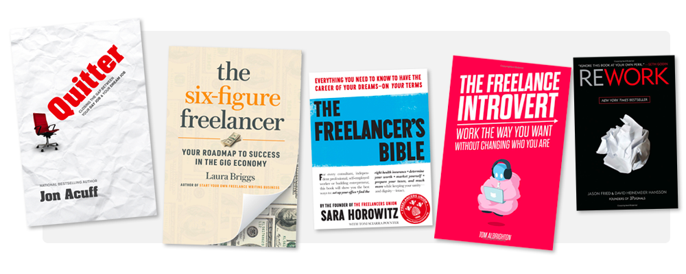 freelancing books Row 2 - Quitter, The Six-Fig Freelancer, The Freelancers Bible, etc
