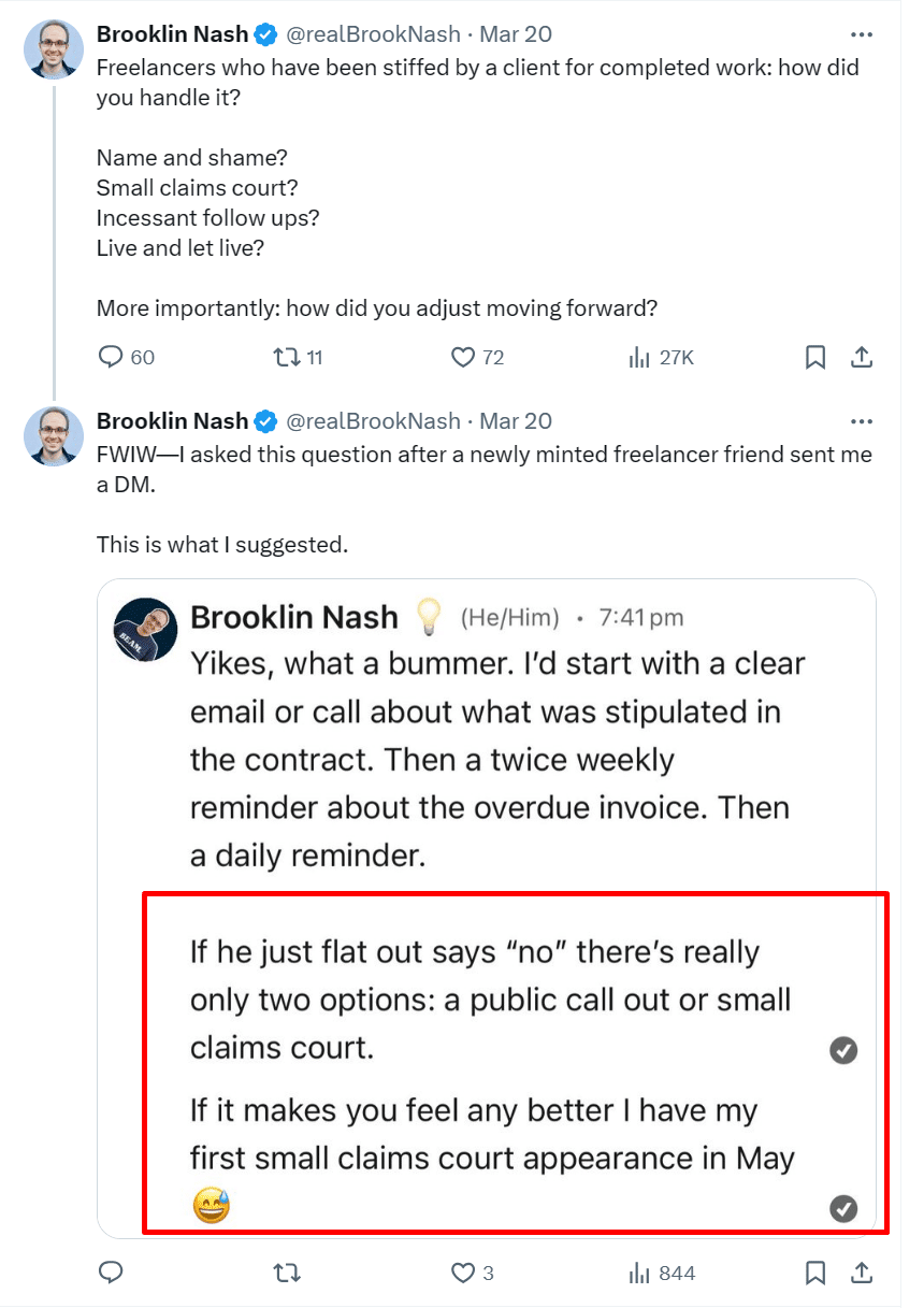 Tweet from Brookin Nash about going to small claims court
