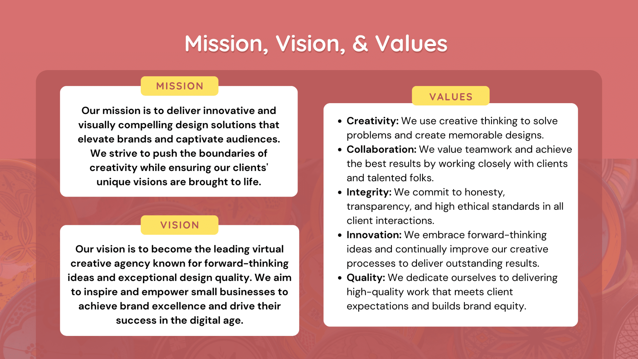 Virtual Creative Agency - Mission, Vision, Values Example
